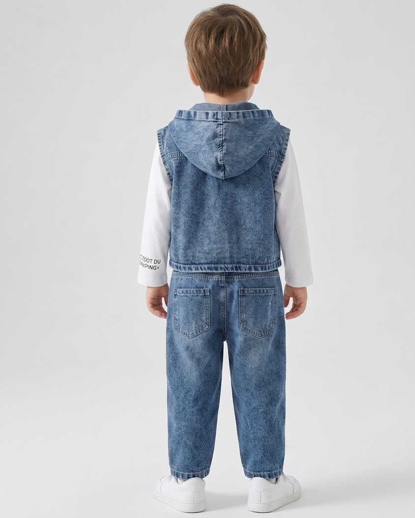 Conjunto niño 3 piezas ropa infantil vaquera con chaleco con capucha, camiseta blanca y pantalón vaquero en España