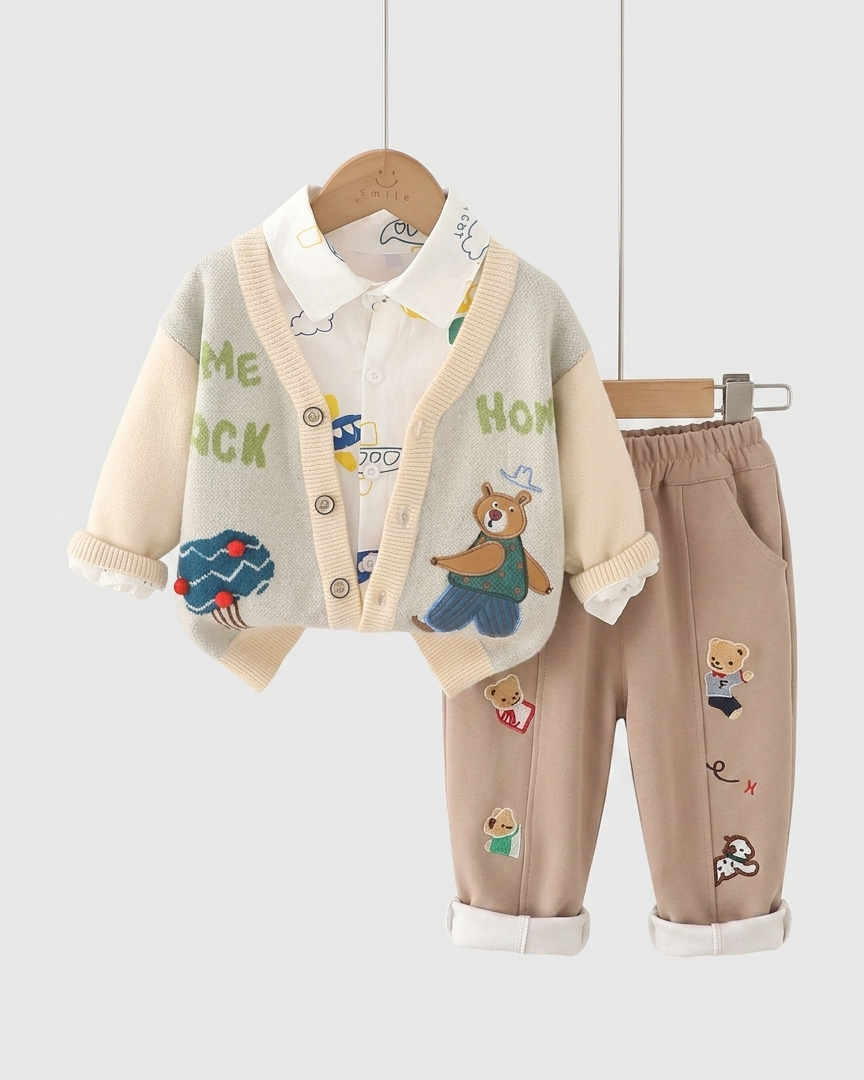 Conjunto bebé invierno 3 piezas con suéter de lana bordado camisa y pantalón en España