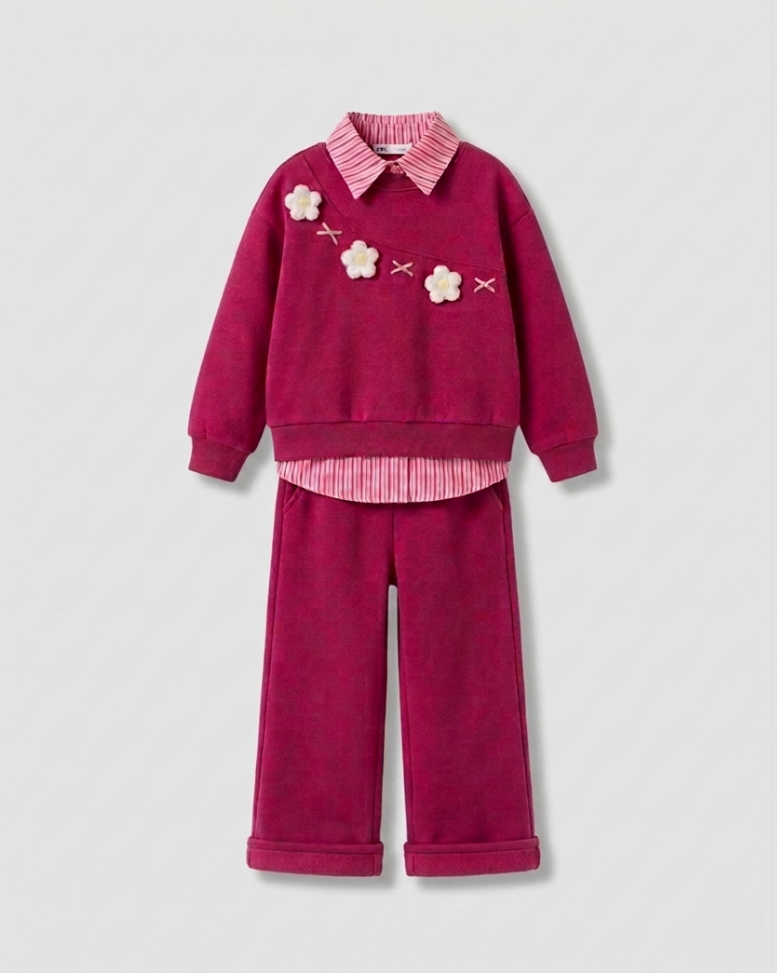 Conjunto niña 2 piezas rosa elegante con bordado floral ropa infantil vista completa