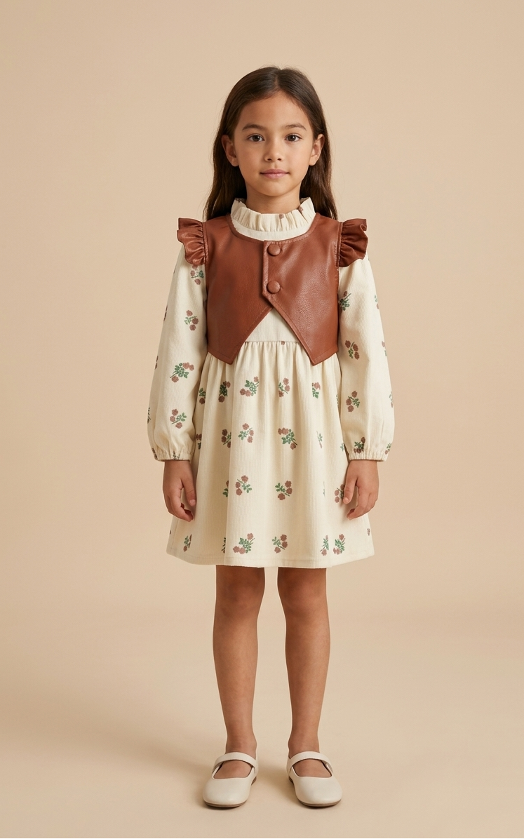 Vestido con flores y chaleco de cuero elegante para niñas