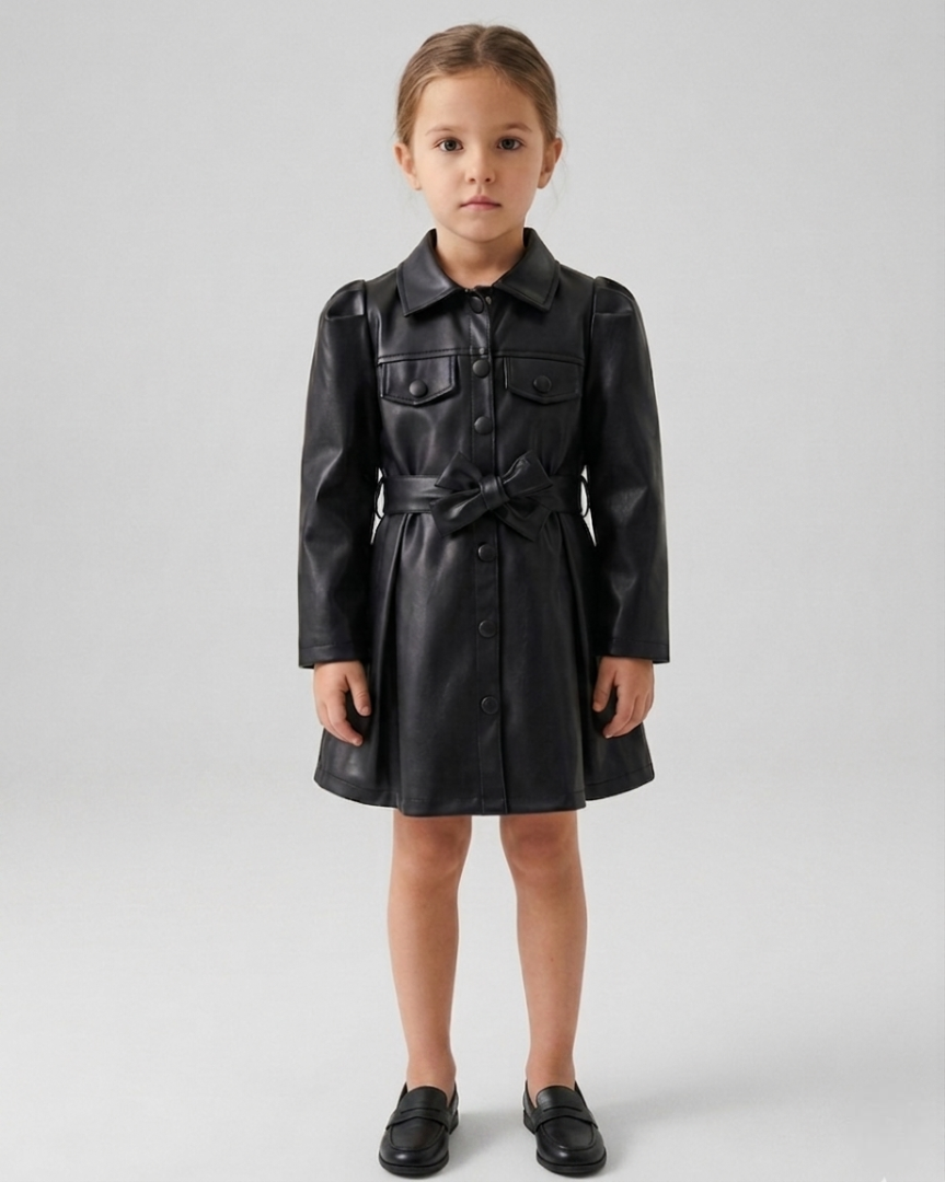 Abrigo niña piel sintética negro estilo gabardina elegante con cinturón ajustable en España