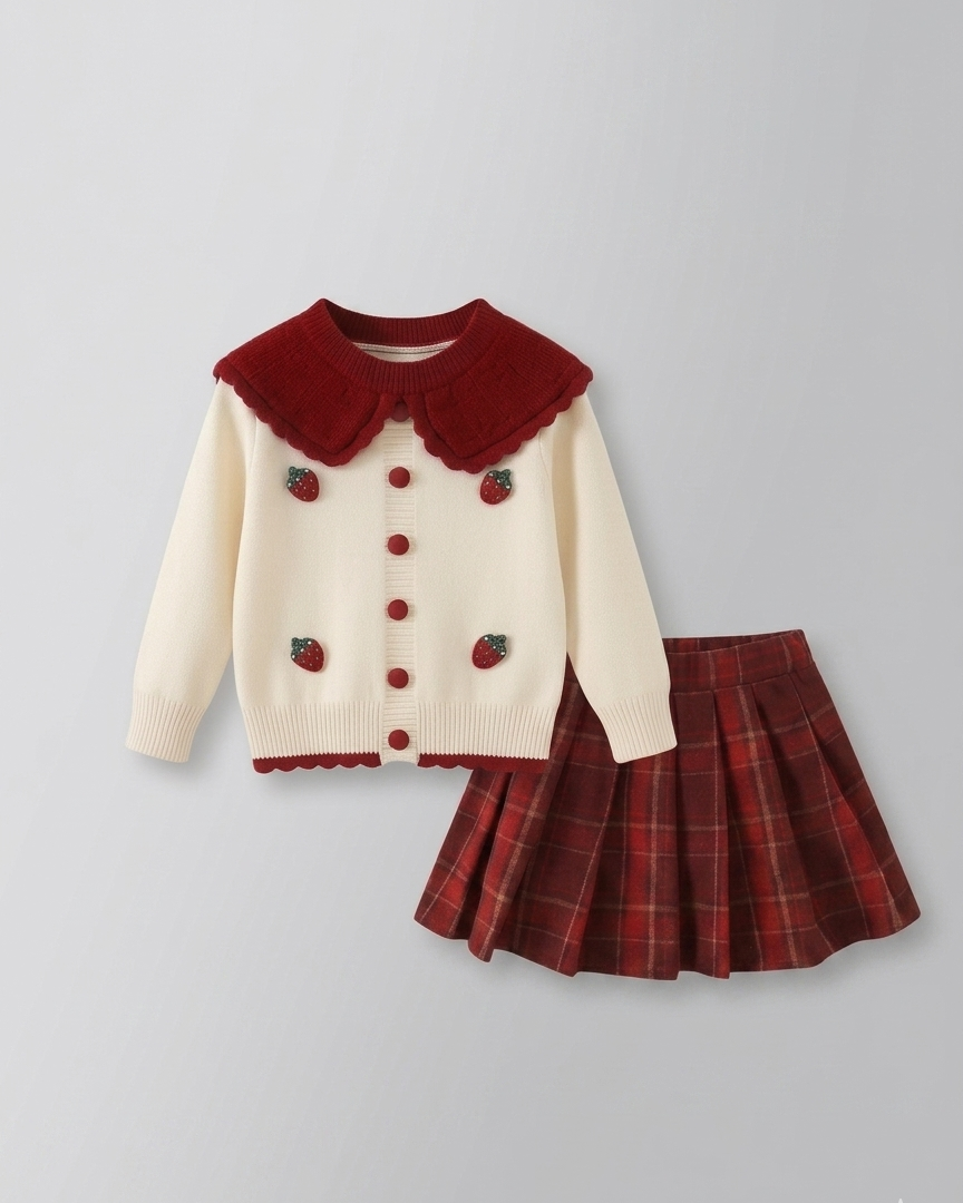 Conjunto niña invierno elegante 2 piezas ropa niña suéter tejido y falda de cuadros,Ideal para clima otoñal  en España