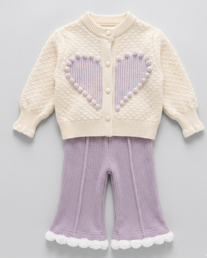 conjunto niña invierno 2 piezas con bordado de corazón y tejido cálido