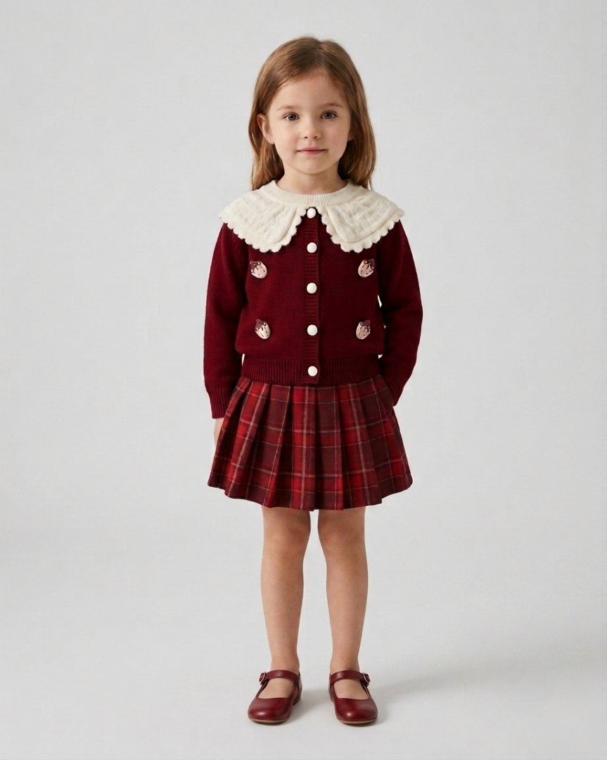 Conjunto niña invierno elegante 2 piezas ropa niña suéter tejido y falda de cuadros,Ideal para clima otoñal  en España