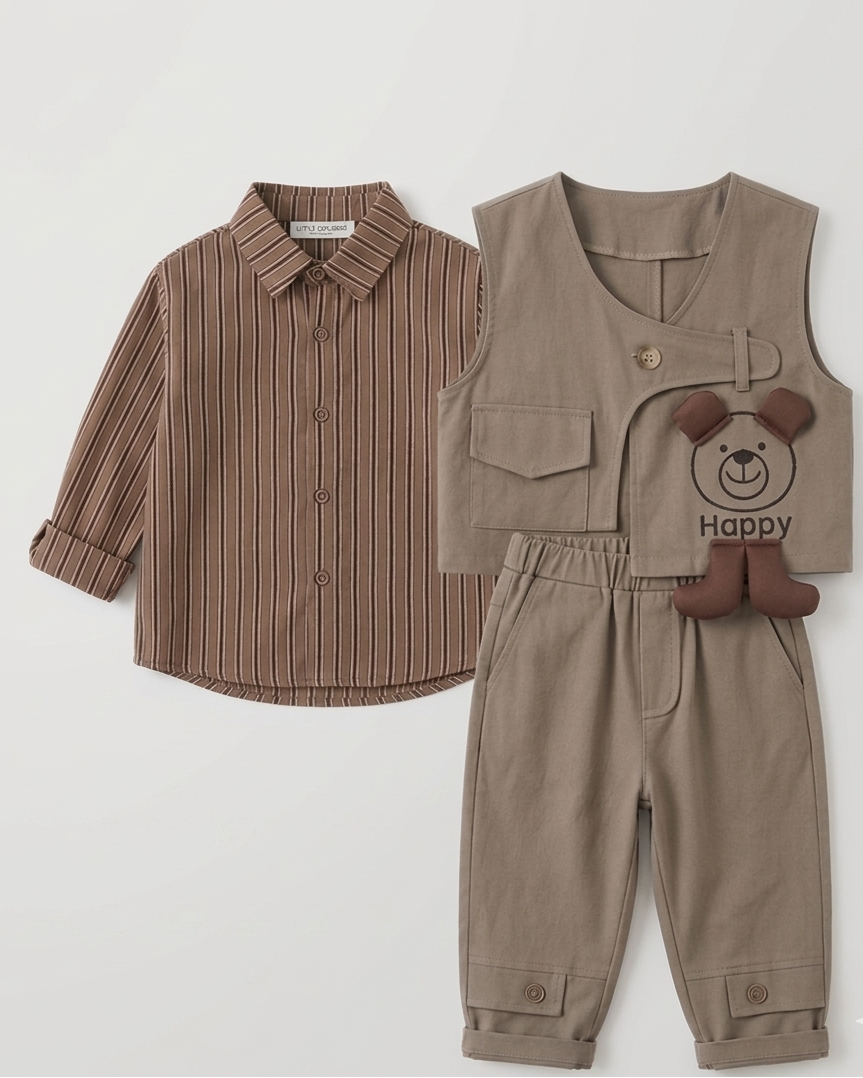 Conjunto bebé 3 piezas algodón con chaleco y osito desmontable, Ideal para primavera en España