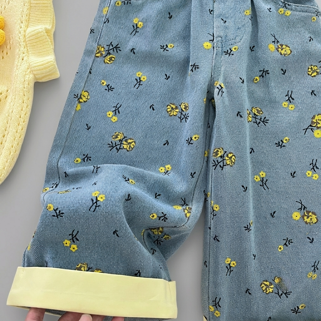 conjunto niña elegante 3 piezas con suéter amarillo de flores tridimensionales y detalles frescos