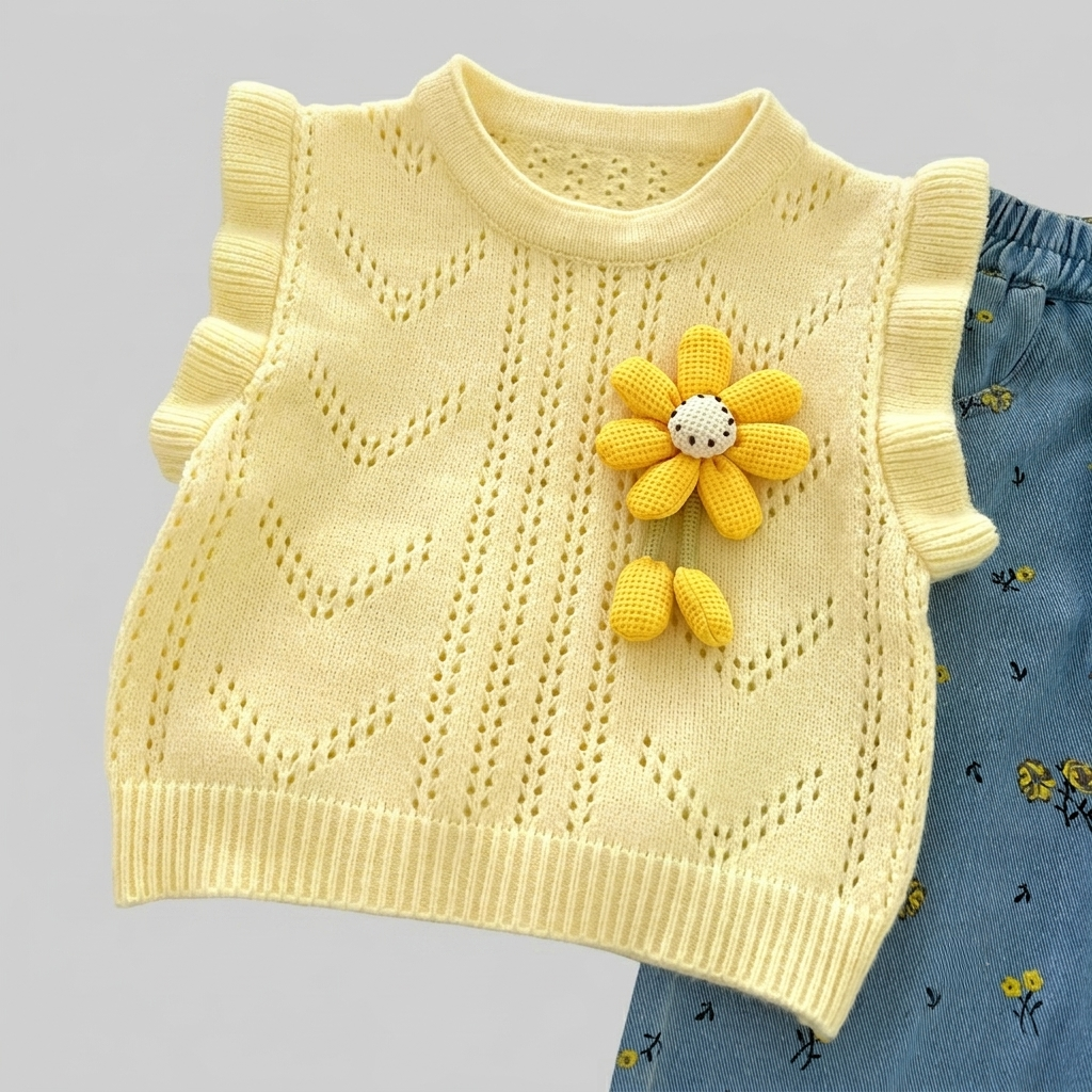 conjunto niña elegante 3 piezas con suéter amarillo de flores tridimensionales y detalles frescos