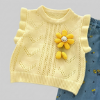 conjunto niña elegante 3 piezas con suéter amarillo de flores tridimensionales y detalles frescos