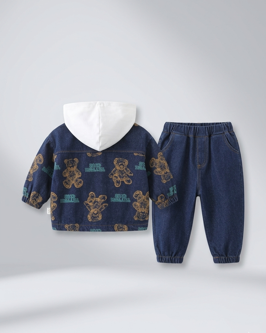 Conjunto niño 3 piezas sudadera y pantalón vaquero con estampado de oso estilo casual otoño, ropa infantil en España