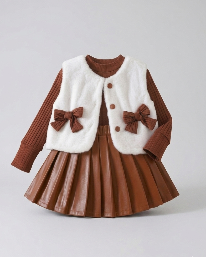 Conjunto niña invierno 3 piezas: suéter de punto, chaleco de peluche y falda de cuero sintético  en España