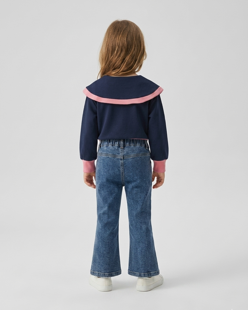 Conjunto niña elegante 2 piezas blusa azul marino con detalles rosas y pantalón vaquero flare con botones dorados