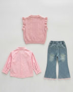 Conjunto niña 3 piezas elegante con blusa, suéter de punto y pantalón vaquero acampanado con encaje,en España