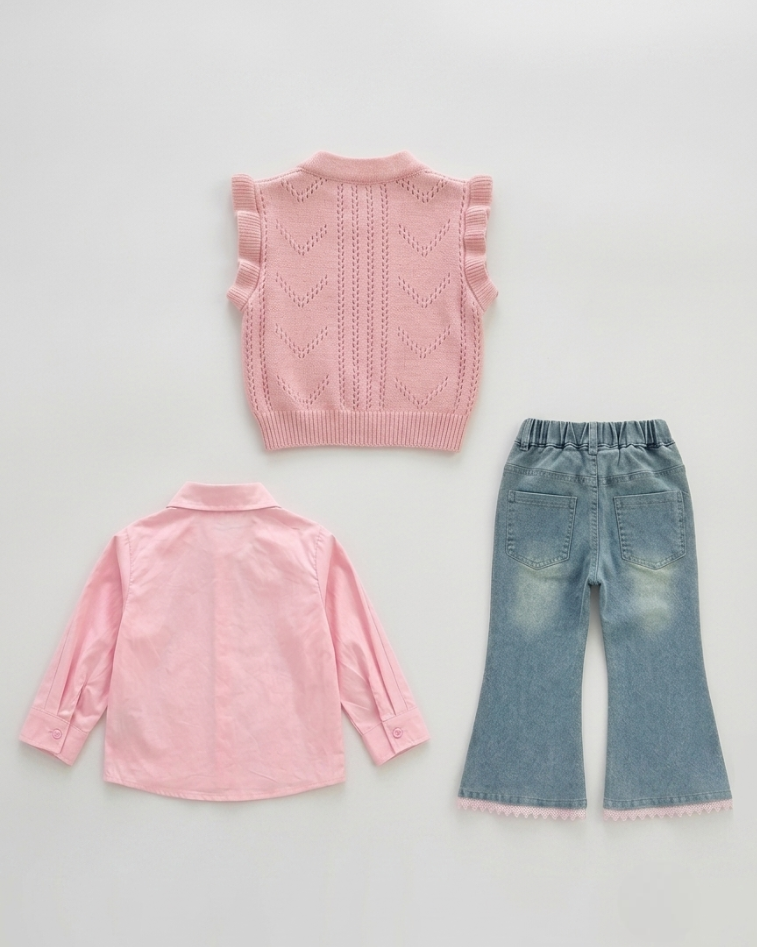 Conjunto niña 3 piezas elegante con blusa, suéter de punto y pantalón vaquero acampanado con encaje,en España