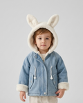 Chaqueta vaquera niña invierno con forro cálido y capucha de peluche con orejitas, Ideal para clima otoñal  en España