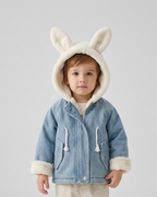 Chaqueta vaquera niña invierno con forro cálido y capucha de peluche con orejitas, Ideal para clima otoñal  en España