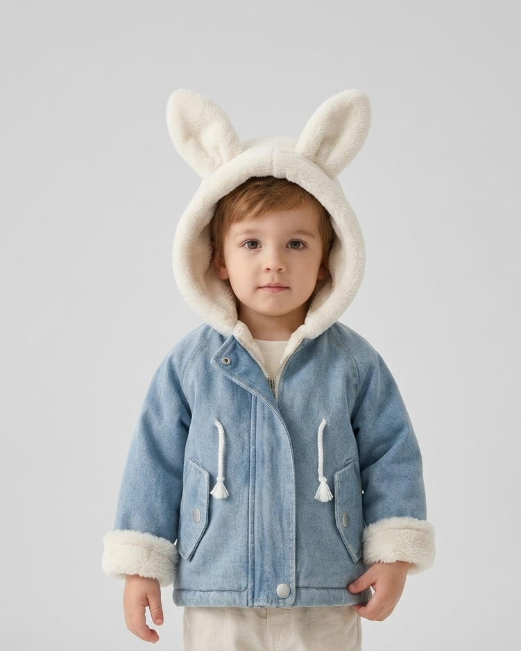 Chaqueta vaquera niña invierno con forro cálido y capucha de peluche con orejitas, Ideal para clima otoñal  en España