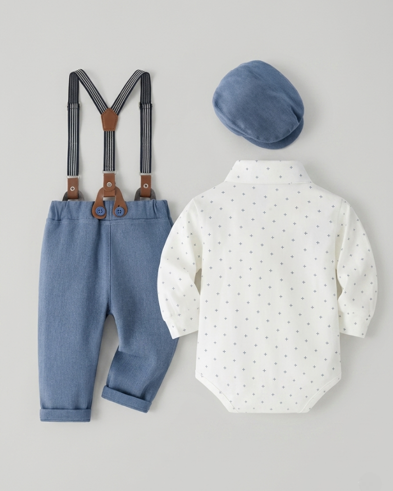 Conjunto bebé niño elegante de 4 piezas con body, pantalón con tirantes, corbata y gorra en España