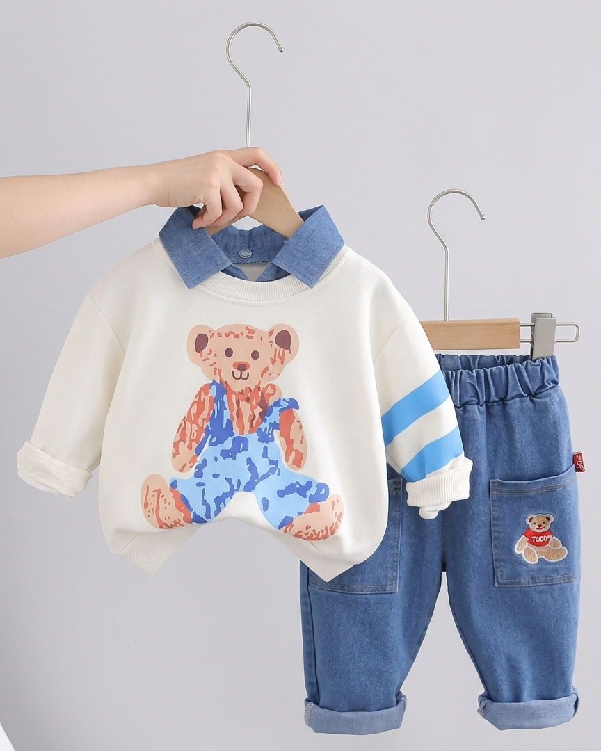 Conjunto niño 2 piezas sudadera y pantalón vaquero con estampado de oso estilo casual otoño , ropa infantil, Ideal para primavera y  verano en España