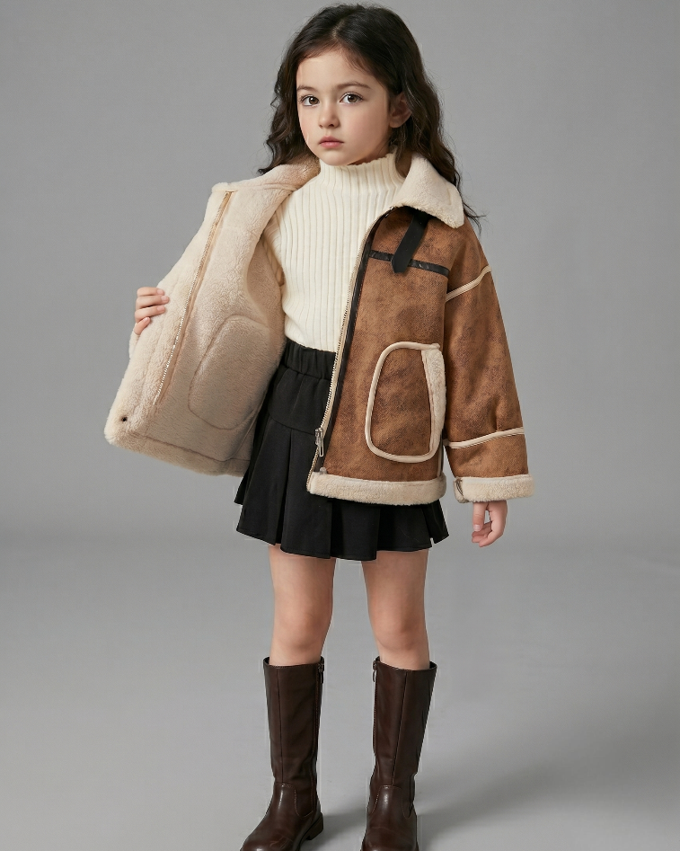 Chaqueta de invierno infantil de piel sintética con forro polar sherpa cuello alto y diseño moderno en España
