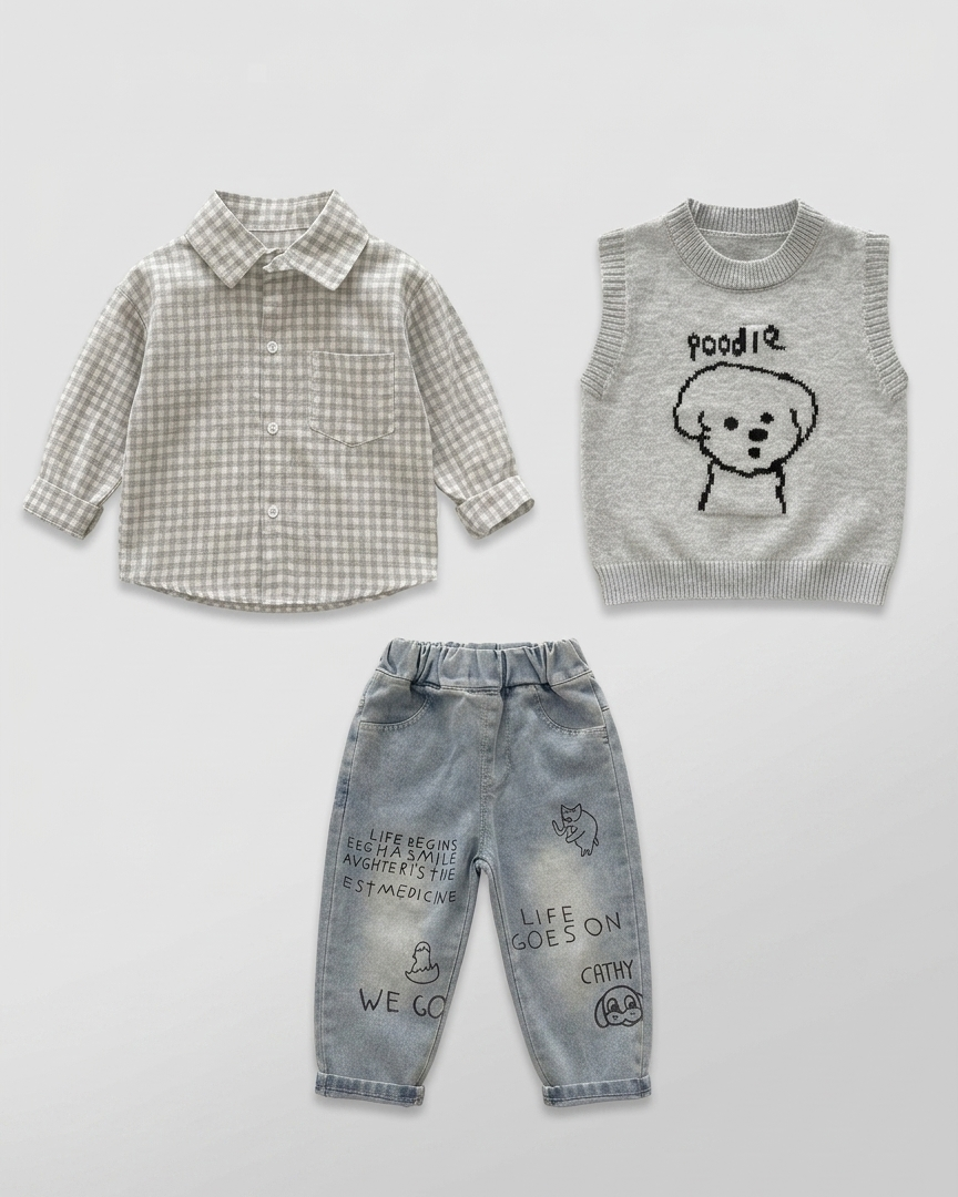 Conjunto niño invierno 3 piezas suéter con camisa integrada y pantalón vaquero estampado  en España