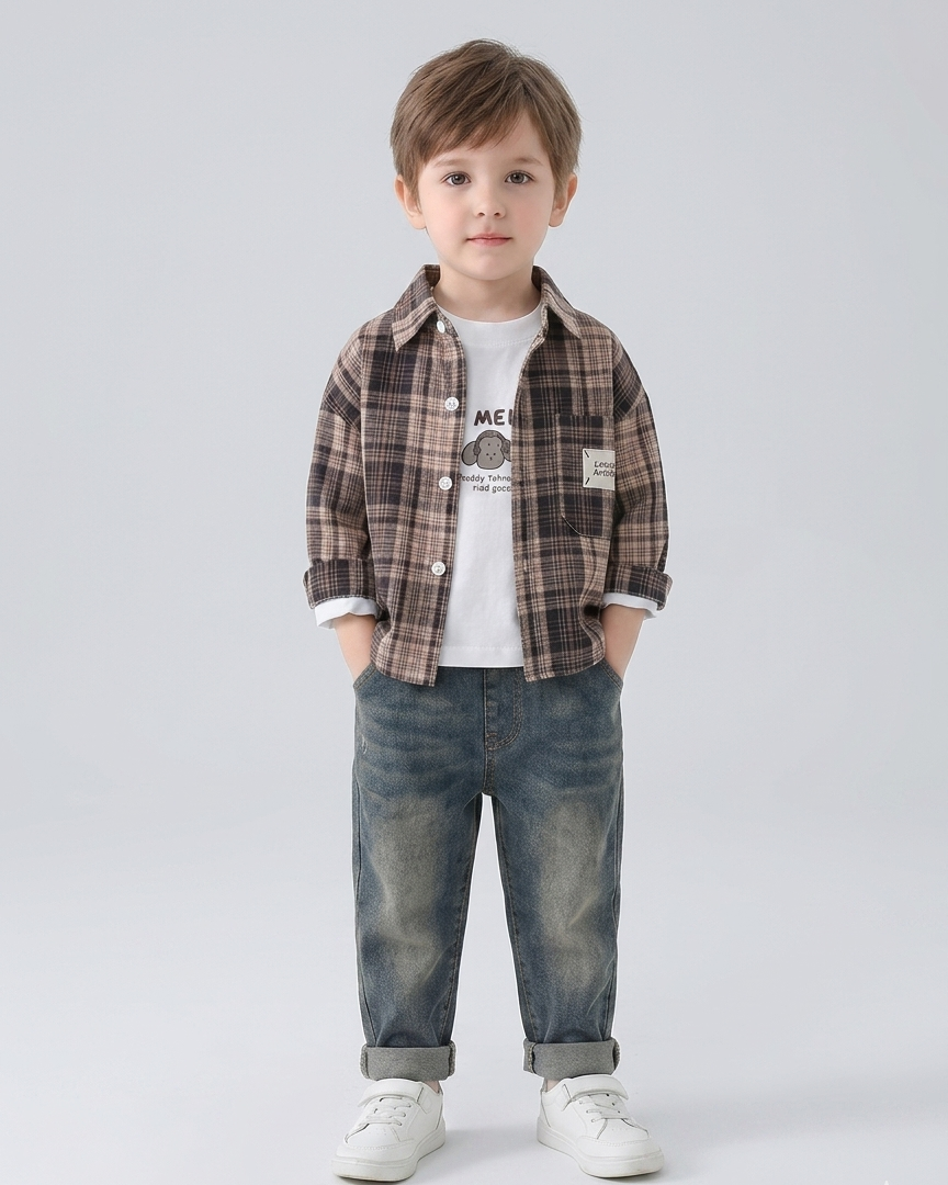 Conjunto bebé niño 3 piezas camisa de cuadros, camiseta interior y pantalón vaquero en España