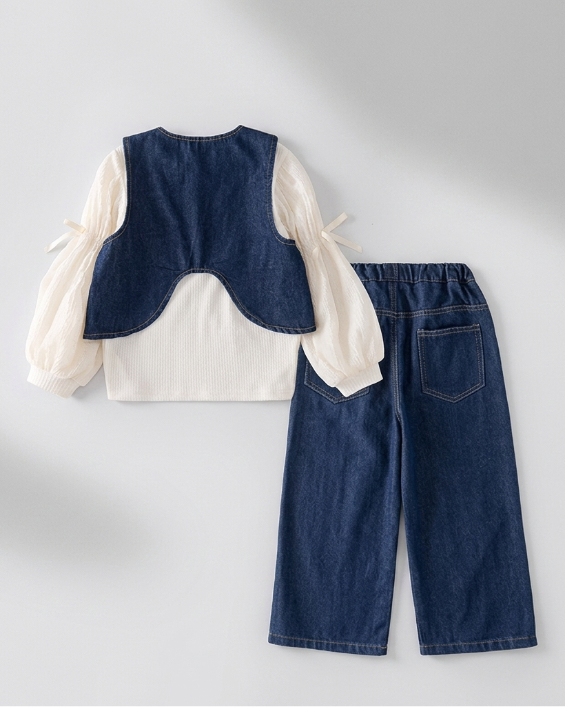 Conjunto niña 3 piezas denim vaquero (blusa, chaleco y pantalón) ,destacada para looks elegantes y sencillosen España