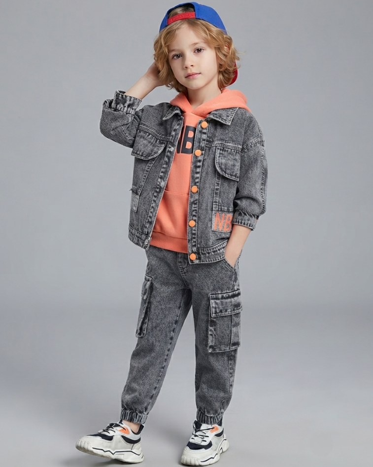 Conjunto Vaquero Niño 3 Piezas ,Chaqueta, Camiseta y Pantalón Cargo