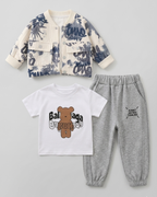 Conjunto bebé y niño 3 piezas ropa bebé: chaqueta estampada, camiseta con oso y pantalón gris cómodo en España