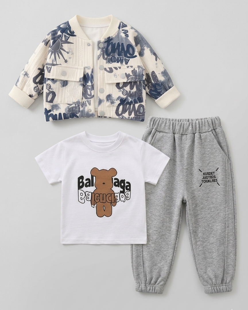 Conjunto bebé y niño 3 piezas ropa bebé: chaqueta estampada, camiseta con oso y pantalón gris cómodo en España