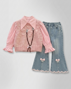 Conjunto niña 3 piezas ropa infantil blusa con volantes chaleco lana y pantalón vaquero en España