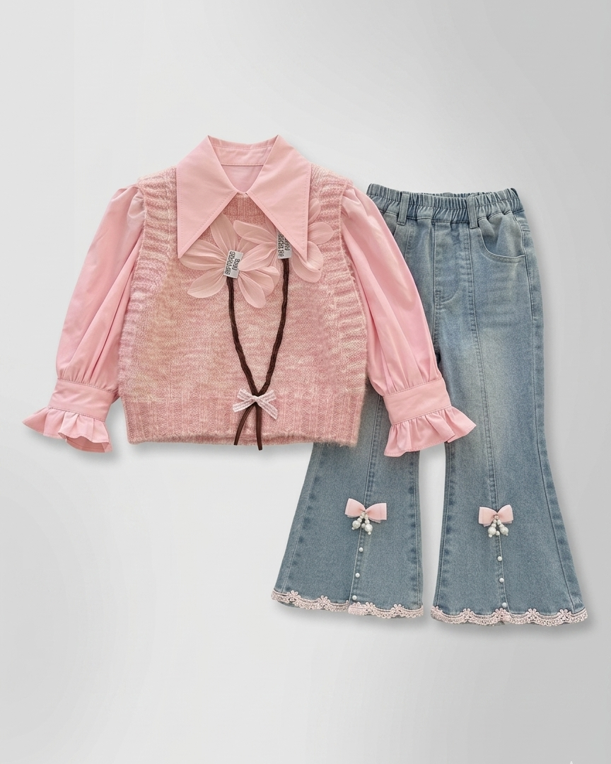 Conjunto niña 3 piezas ropa infantil blusa con volantes chaleco lana y pantalón vaquero en España