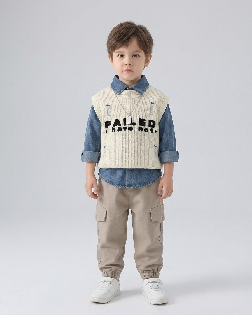 Conjunto niño 3 piezas casual moderno con chaleco de punto, ropa infantil niño,Ideal para clima otoñal en España