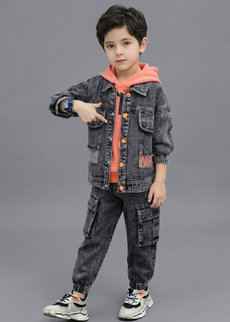 Conjunto vaquero niño 3 piezas ropa bebé niño: chaqueta vaquera, pantalón cargo y camiseta interior Ideal para clima otoñal en España