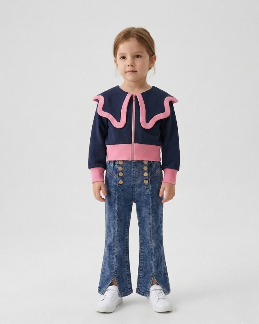 Conjunto niña elegante 2 piezas blusa azul marino con detalles rosas y pantalón vaquero flare con botones dorados