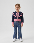Conjunto niña elegante 2 piezas blusa azul marino con detalles rosas y pantalón vaquero flare con botones dorados