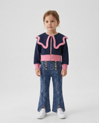 Conjunto niña elegante 2 piezas blusa azul marino con detalles rosas y pantalón vaquero flare con botones dorados