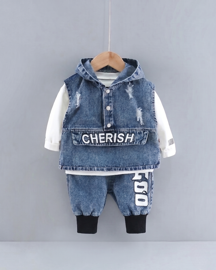 Conjunto niño 3 piezas ropa infantil vaquera con chaleco con capucha, camiseta blanca y pantalón vaquero en España