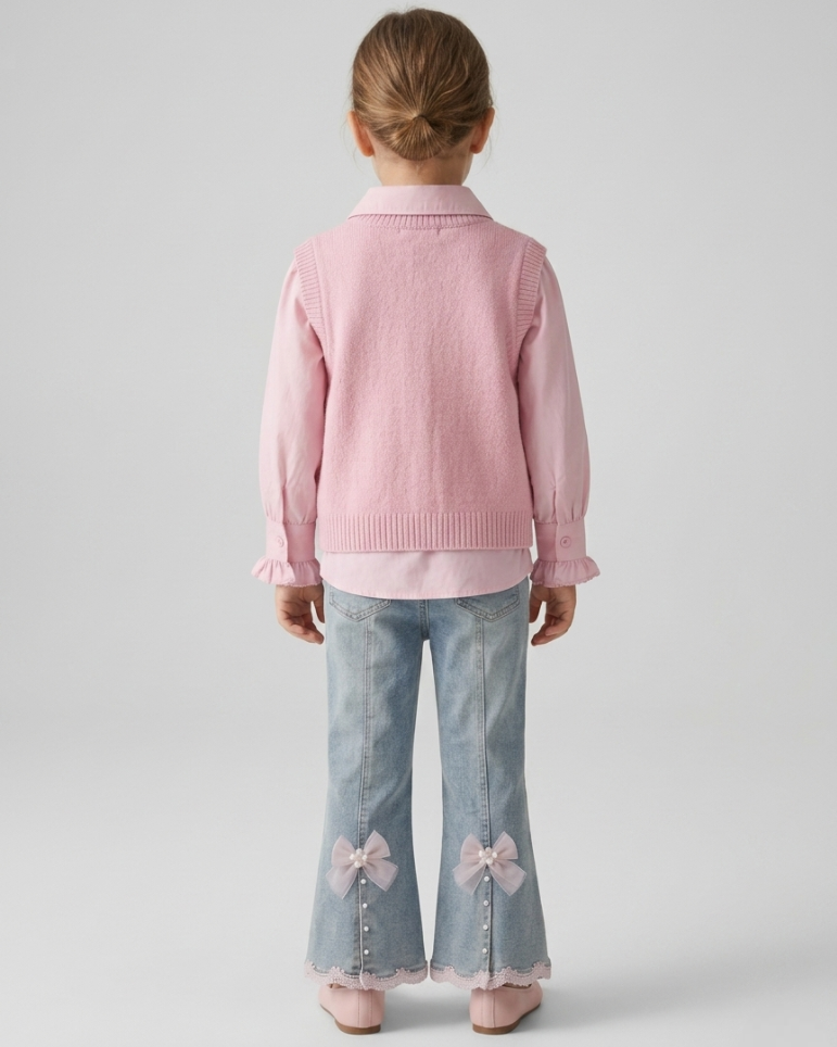 Conjunto niña 3 piezas ropa infantil blusa mangas abullonadas chaleco perlas y pantalón vaquero,Ideal para primavera y para clima otoñal en España