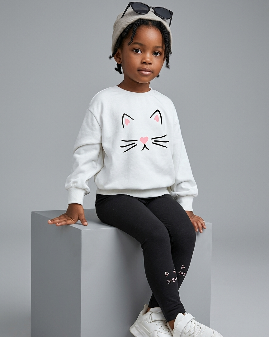Conjunto niña invierno estampado gatos, niña con sudadera blanca y leggings negros sentada en una superficie gris.