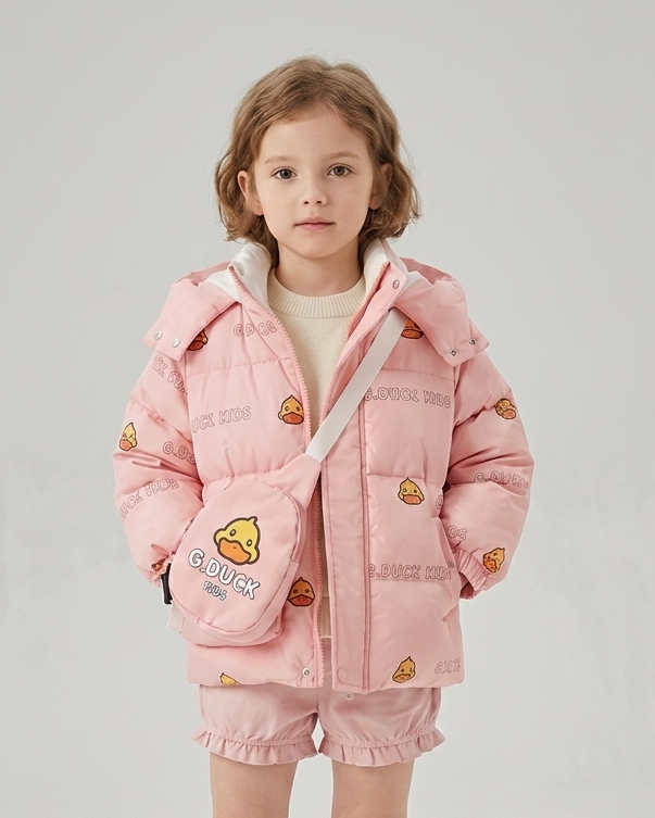 Chaqueta infantil de invierno con capucha y estampado de patitos   acolchada  con bolsita a juego en España
