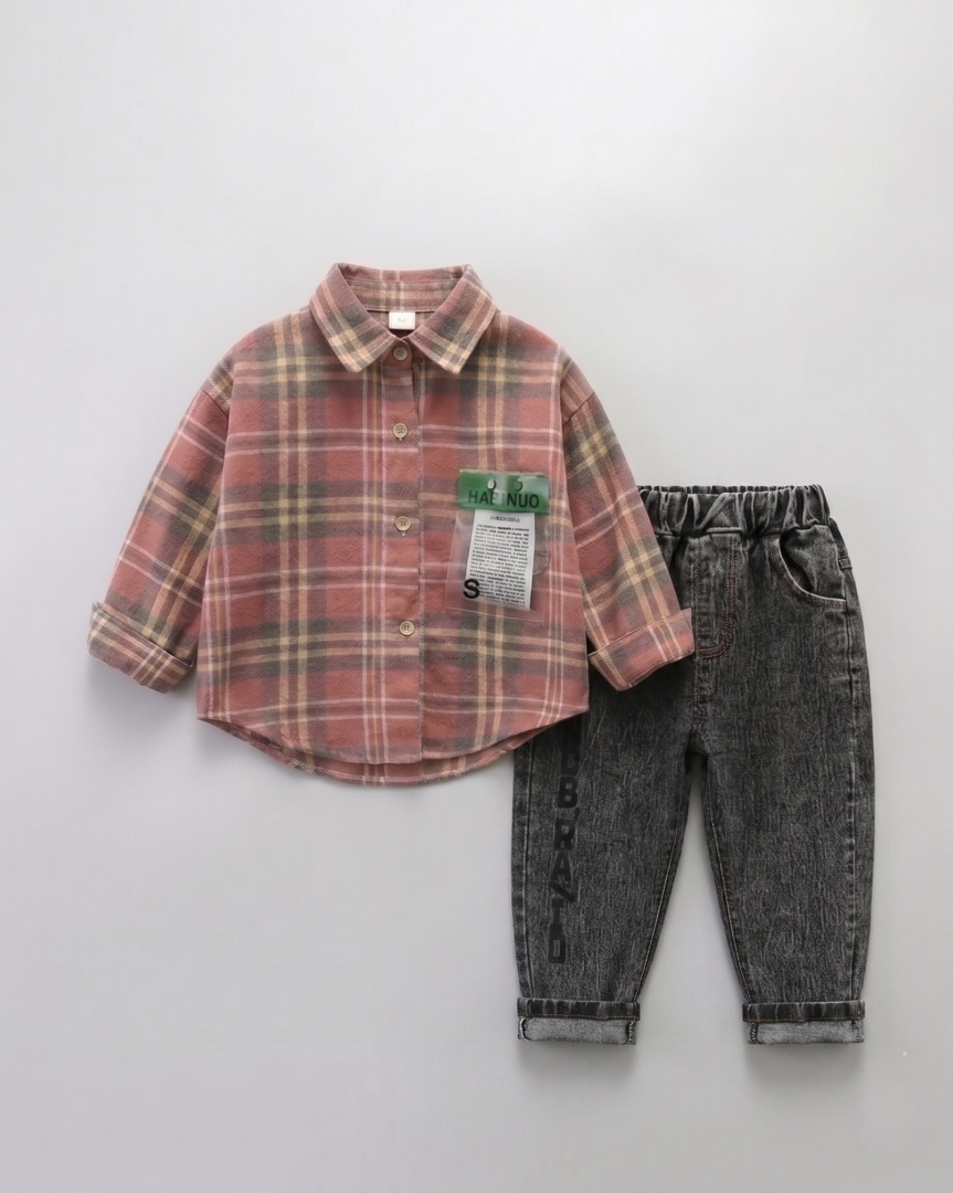 Conjunto niño cuadros elegante de dos piezas con camisa de cuadros y pantalón denim  niño cuadros en España