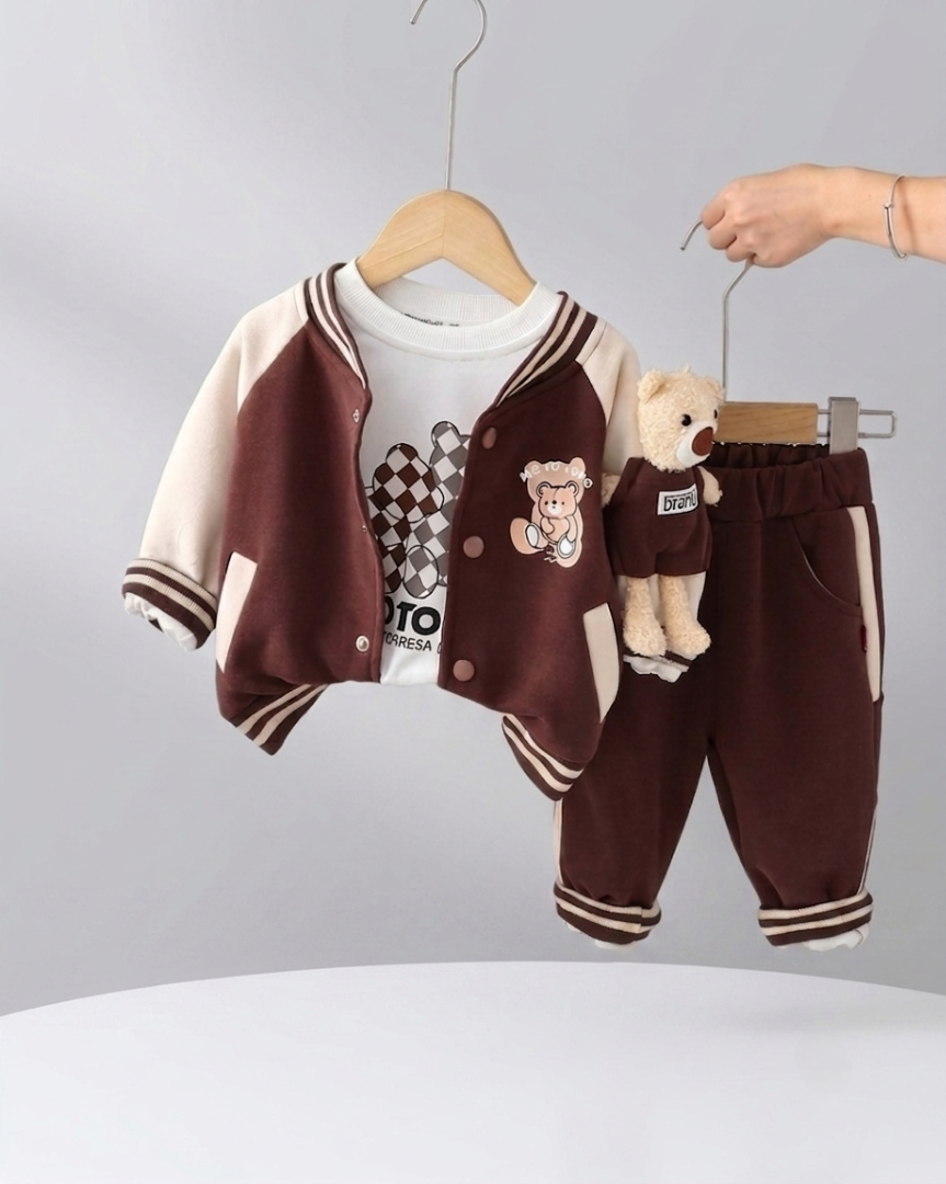 Conjunto deportivo bebé 3 piezas (chaqueta, camiseta interior de algodón y pantalón) con osito | chándal bebé, ropa bebé niño en España