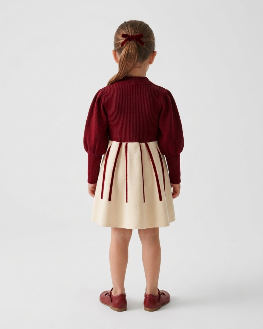 Vestido niña invierno cálido con lazos de satén y cuello altol as tallas disponibles.Ideal para primavera  en España