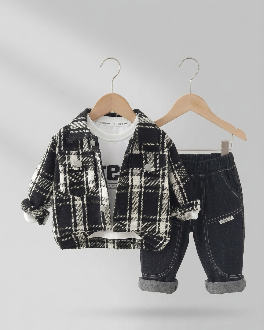 Conjunto bebé niño 3 piezas camisa tartán, camiseta y pantalón vaquero en España
