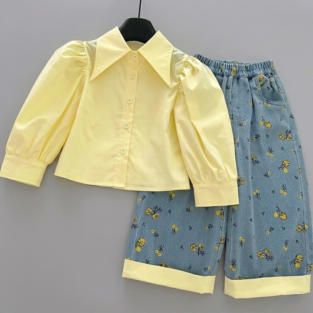Conjunto niña elegante 3 piezas con suéter amarillo y pantalones de mezclilla con flores. Ropa infantil muy chic.