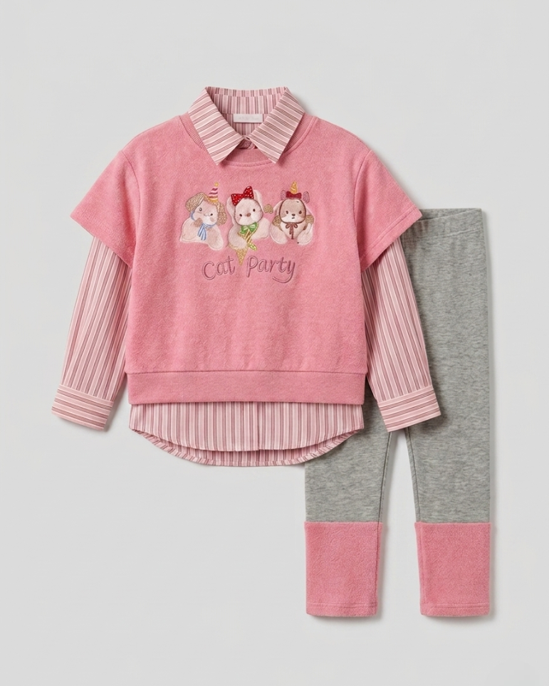 Conjunto niña 3 piezas ropa niña suéter corto, camisa a rayas y chaleco multicolor Ideal para primavera en España