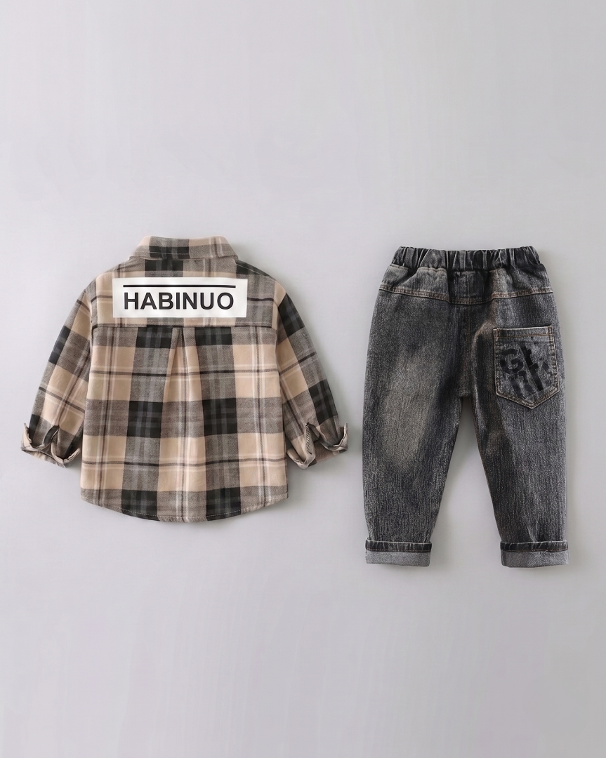 Conjunto niño cuadros elegante de dos piezas con camisa de cuadros y pantalón denim  niño cuadros en España