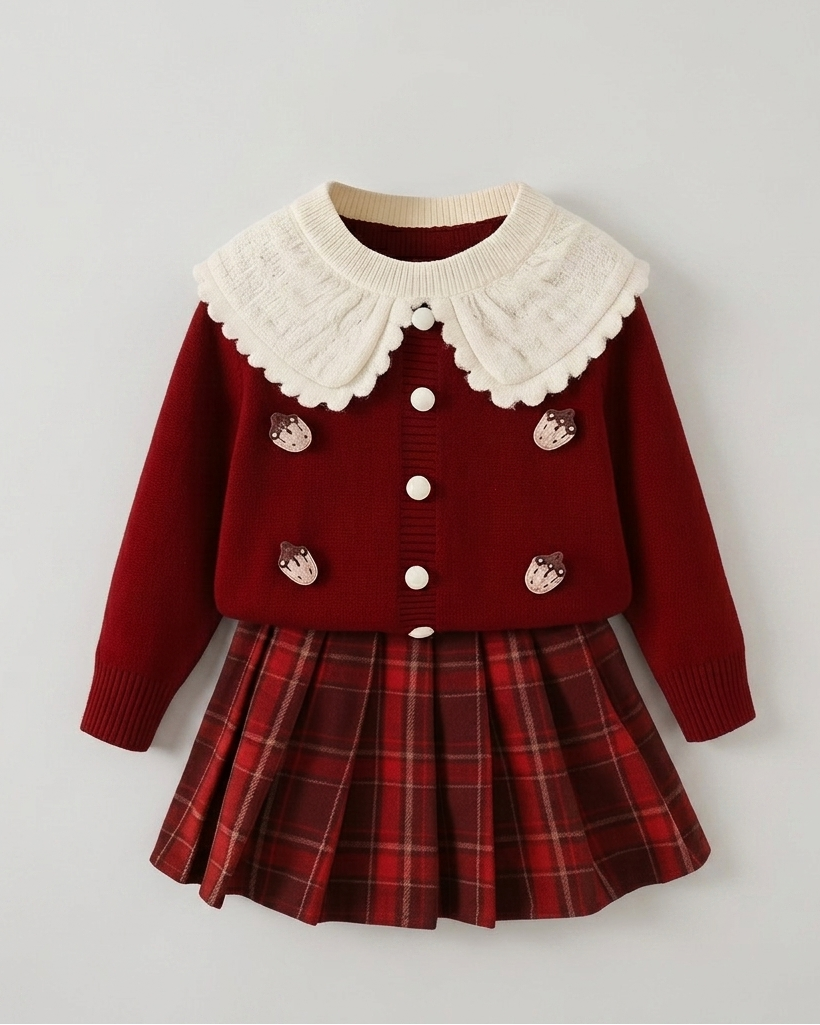 Conjunto niña invierno elegante 2 piezas ropa niña suéter tejido y falda de cuadros,Ideal para clima otoñal  en España