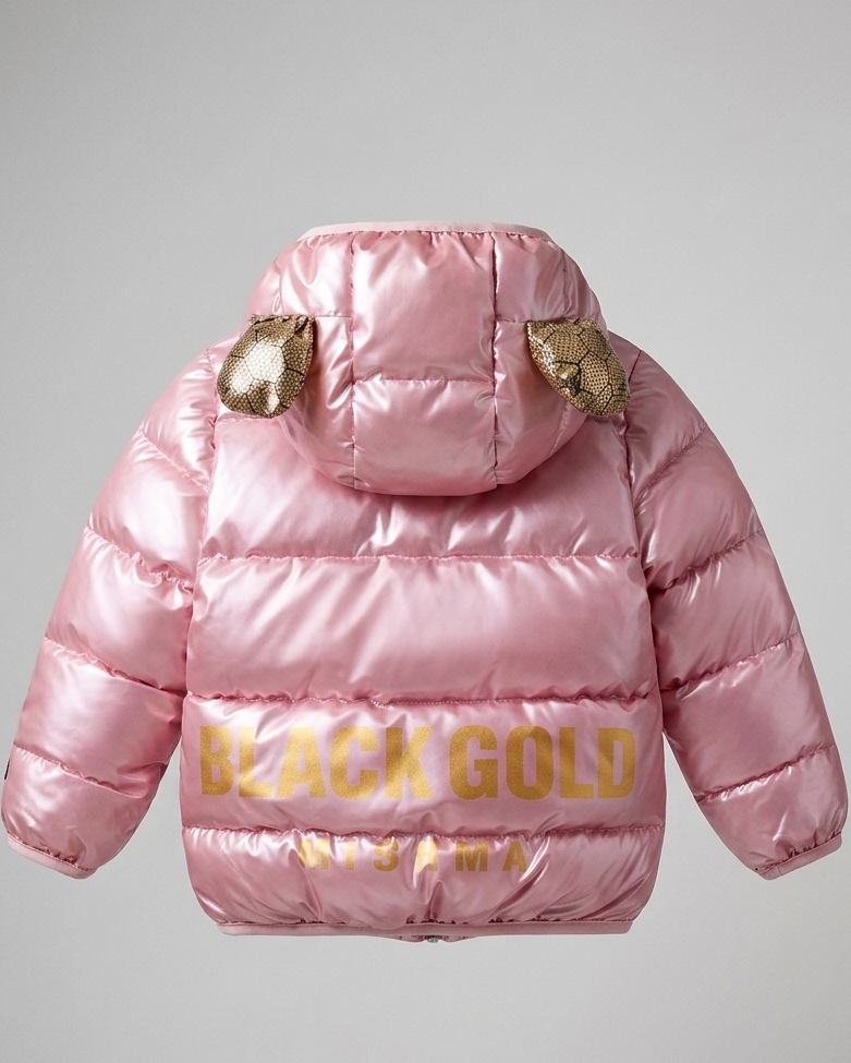 Chaqueta bebé niña y niño invierno impermeable negra con detalles dorados y capucha con orejitas en España