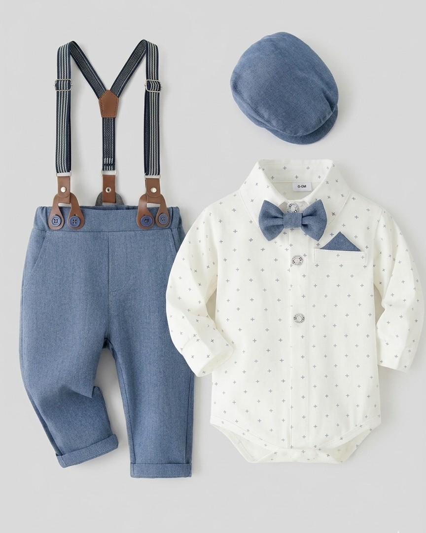 Conjunto bebé niño elegante de 4 piezas con body, pantalón con tirantes, corbata y gorra en España